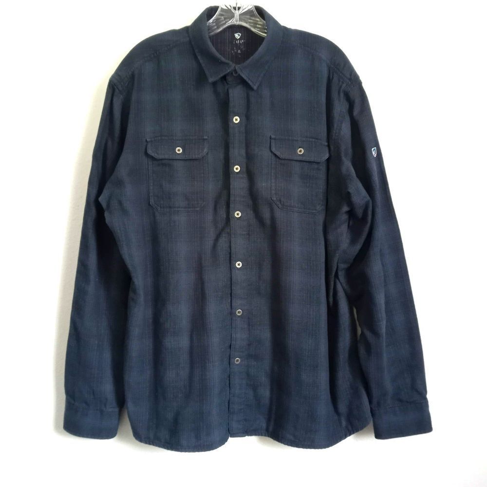 KUHL Blue Plaid Shirt SZ XXL Shattered Button Front Cotton Poly Long Sleeve